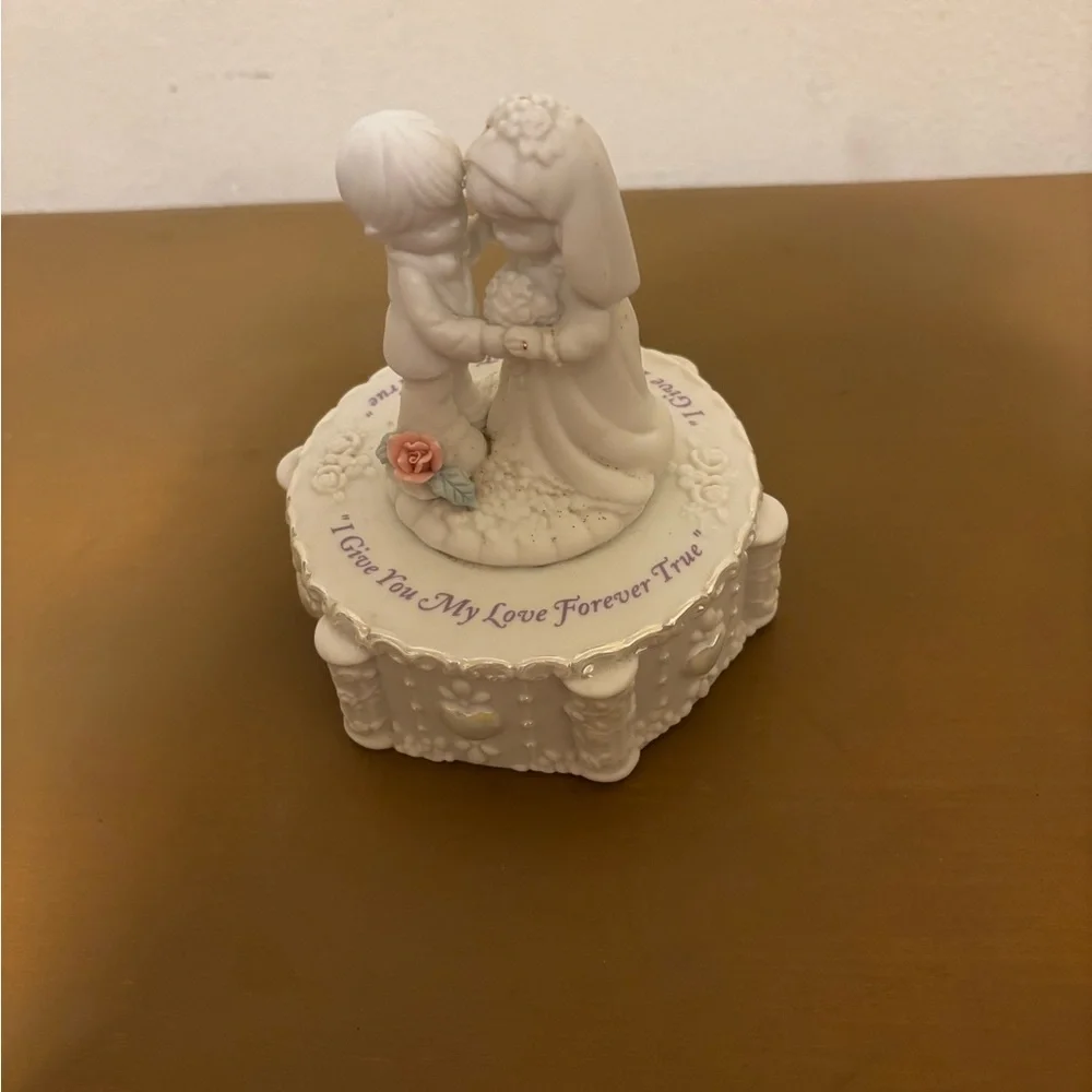 Precious Moments White Wedding Cake Topper with Pink Rose Accent